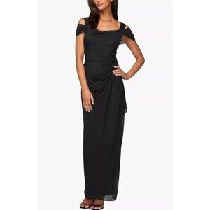 Alex Evenings Maxi Cold Shoulder Dress, Mother of Bride. Black. Size14P NWT
